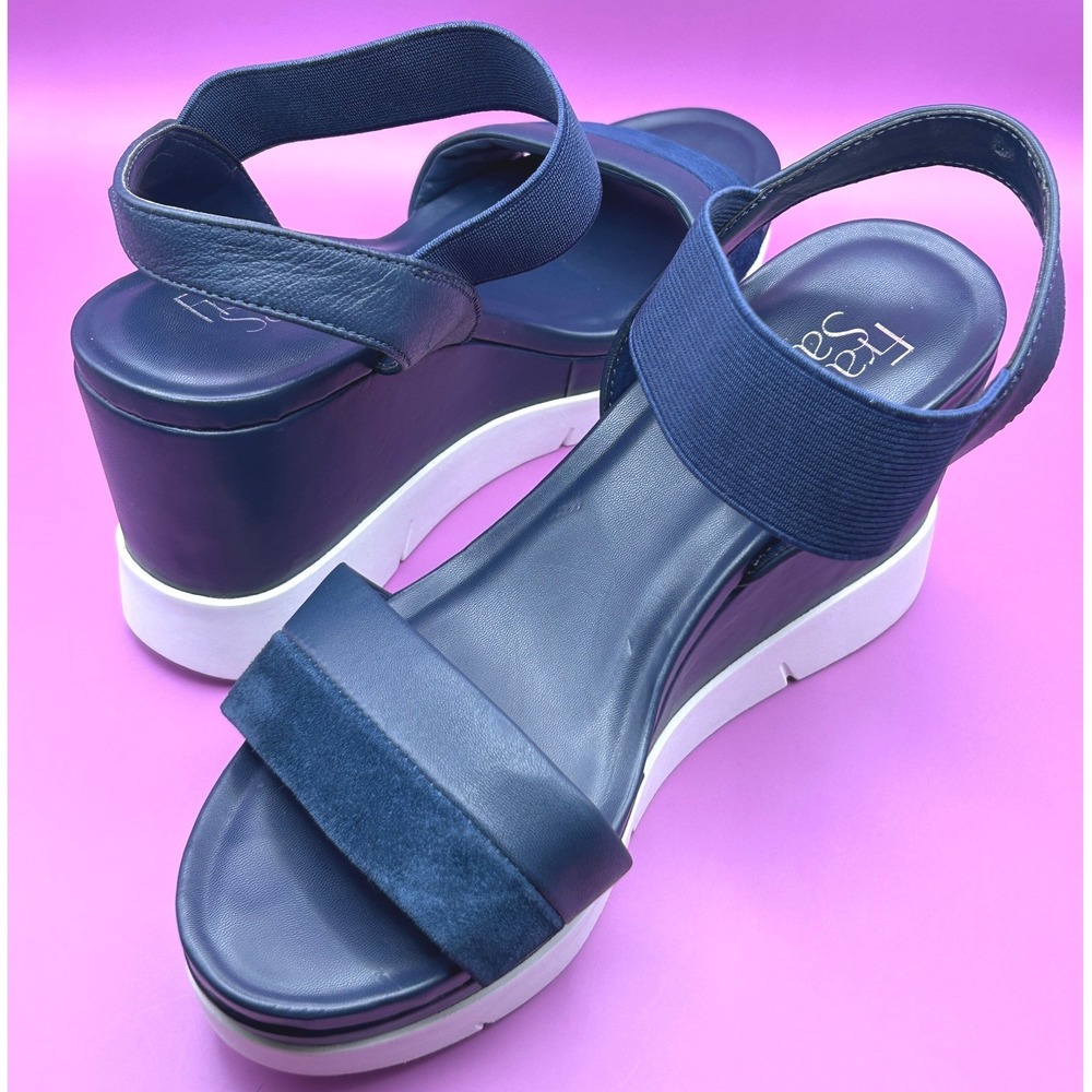 Franco Sarto Navy Blue Leather Suede Wedge Platform Sandal Kashmir Womens 7M - Picture 5 of 9